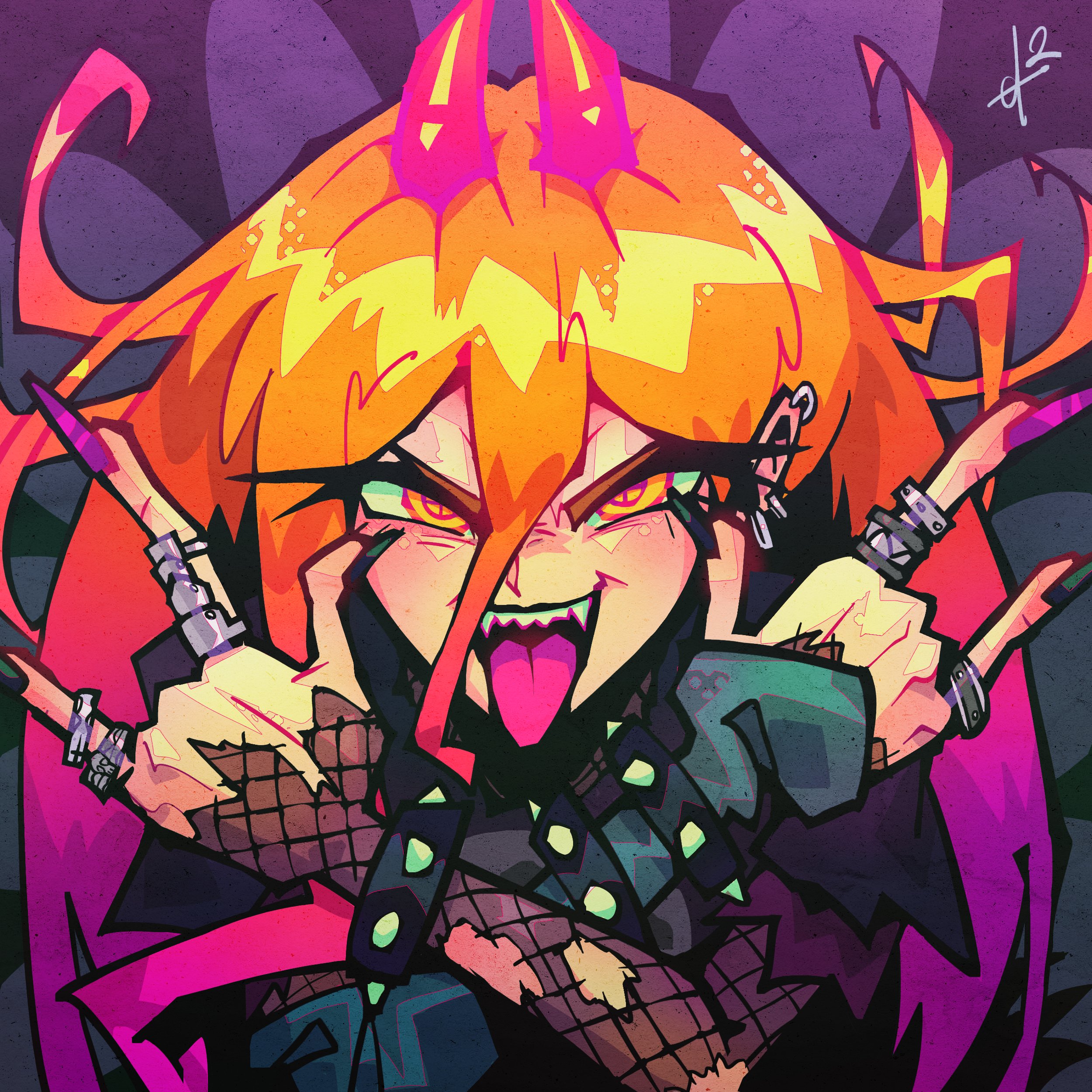 alpharecdyt, power (chainsaw man), chainsaw man, absurdres, highres, 1girl, blonde hair, bracelet, demon girl, demon horns, ear piercing, fishnet sleeves, fishnets, gradient hair, horns, jewelry, long hair, looking at viewer, multicolored hair, open mouth, piercing, pink hair, purple nails, red horns, ring, sharp teeth, solo, spiked bracelet, spikes, teeth, tongue, tongue out, yellow eyes