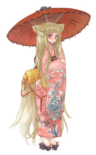 yatsuyaku ashiya, 1girl, animal ears, blonde hair, female focus, fox, fox ears, fox tail, furisode, japanese clothes, kimono, long hair, obi, oil-paper umbrella, red eyes, sash, simple background, solo, tail, umbrella, white background