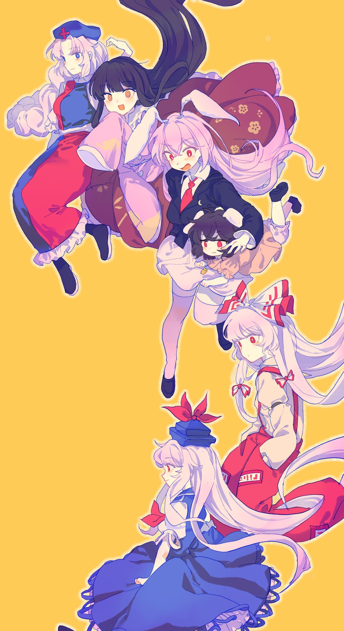 youshouhaoxianzhe, fujiwara no mokou, houraisan kaguya, inaba tewi, kamishirasawa keine, reisen udongein inaba, yagokoro eirin, touhou, commentary request, highres, 6+girls, :d, animal ears, bike shorts under skirt, black hair, black jacket, black shoes, blazer, bloomers, blue dress, blue eyes, blue hat, bow, brown eyes, carrot necklace, closed mouth, clothes lift, collared shirt, dress, hair bow, hand in pocket, hat, jacket, jewelry, lifting another's clothes, long hair, long sleeves, multiple girls, necklace, necktie, open mouth, pants, pink dress, pink shirt, puffy short sleeves, puffy sleeves, purple hair, rabbit ears, red dress, red eyes, red necktie, red pants, red skirt, shirt, shoes, short hair, short sleeves, skirt, skirt lift, sleeves past fingers, sleeves past wrists, smile, suspenders, two-tone dress, underwear, very long hair, white bloomers, white bow, white hair, white shirt, yellow background