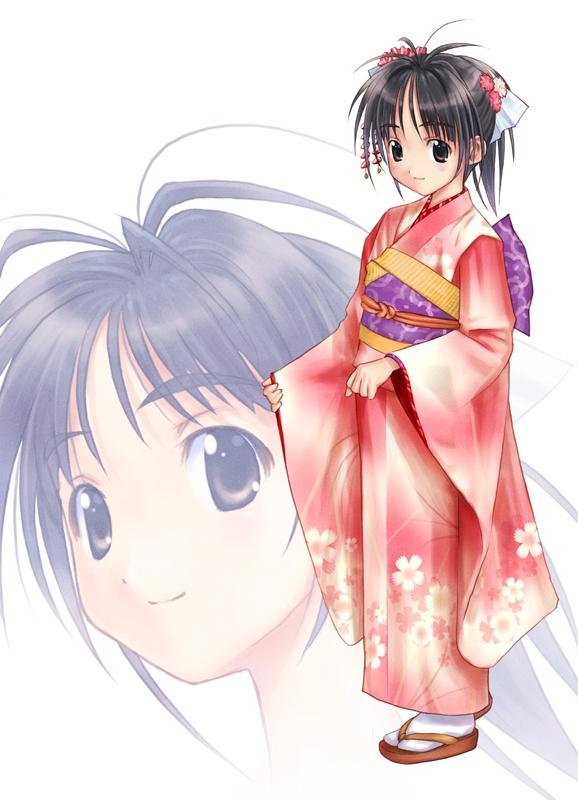 goto p, natsuwa himawari, wandaba style, eyebrows, white legwear, jpeg artifacts, 00s, 1girl, black eyes, black hair, female focus, floral print, floral print kimono, full body, hair ornament, japanese clothes, kanzashi, kimono, obi, print kimono, projected inset, sandals, sash, smile, solo, standing, tabi, tsumami kanzashi, zouri