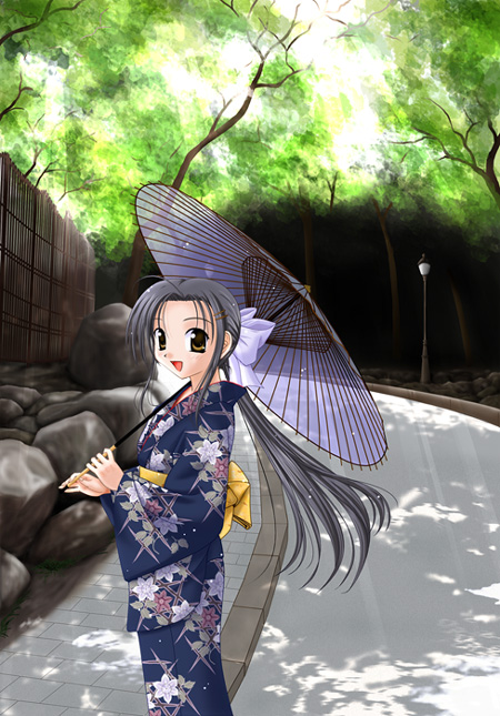 1girl, bow, brown eyes, dappled sunlight, female focus, from side, grey hair, hair bow, japanese clothes, long hair, oil-paper umbrella, parted bangs, ponytail, smile, solo, standing, sunlight, umbrella