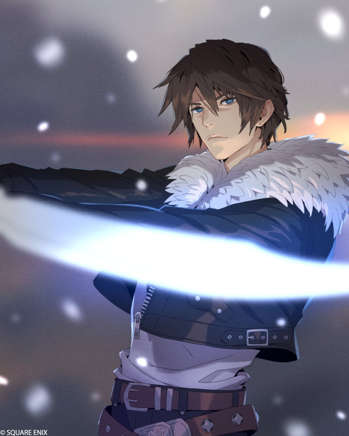 squall leonhart, final fantasy, final fantasy viii, square enix, highres, official art, 1boy, belt, belt buckle, black jacket, black pants, blue eyes, brown belt, brown hair, buckle, closed mouth, cropped jacket, earrings, fur-trimmed jacket, fur trim, gunblade, hair between eyes, holding, holding weapon, jacket, jewelry, leather, leather jacket, looking at viewer, male focus, multiple belts, pants, scar, scar on face, scar on forehead, shirt, short hair, single earring, solo, upper body, weapon, white shirt, zipper pull tab