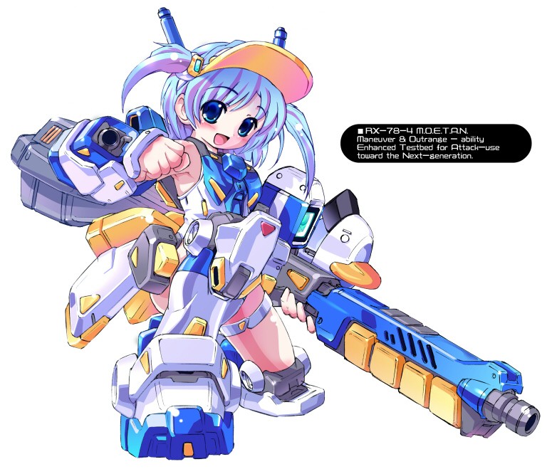 kakoi kazuhiko, gundam g04, pastel ink, gundam, gundam side story: from place beyond the blaze, moetan, 00s, 1girl, beam rifle, blue eyes, blue hair, energy gun, female focus, g04, gun, matching hair/eyes, mecha musume, robot ears, solo, twintails, weapon
