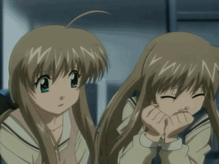 shirogane sara, shirogane souju, futakoi, animated, animated gif, anime screenshot, lowres, 00s, 2girls, ahoge, brown hair, closed eyes, green eyes, long hair, multiple girls, qvga, school uniform, serafuku, siblings, sisters, twins