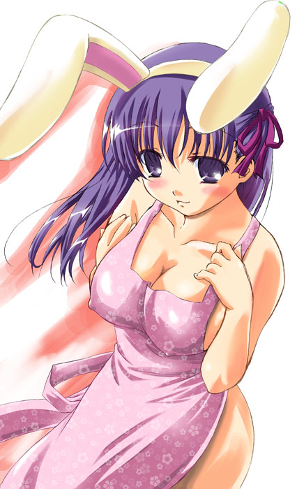 q-gaku, matou sakura, fate/stay night, fate (series), 00s, animal ears, apron, blush, breasts, breasts squeezed together, cleavage, covered erect nipples, fake animal ears, hair ribbon, large breasts, naked apron, purple eyes, purple hair, rabbit ears, ribbon, solo