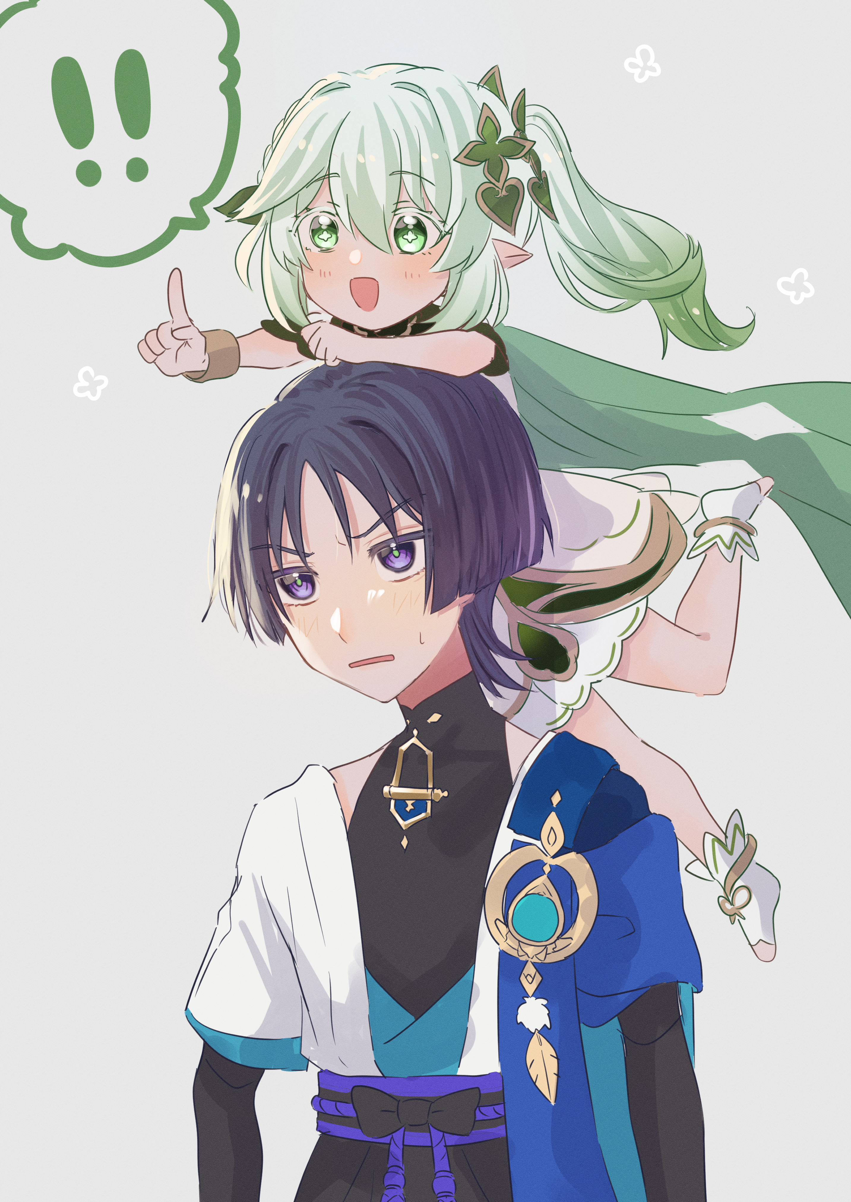 hkhkfff0, nahida (genshin impact), scaramouche (genshin impact), wanderer (genshin impact), genshin impact, toeless socks, absurdres, highres, 1boy, 1girl, ?, anklet, arm on another's head, arms at sides, belt, black belt, black bodysuit, black bow, black bridal gauntlets, black hair, bloomers, blue cape, blue gemstone, blue kimono, blue pupils, blue sleeves, blunt ends, blush, bodysuit, bow, bracelet, bridal gauntlets, bright pupils, cape, clenched hand, colored eyelashes, colored tips, cross-shaped pupils, dress, feathers, gem, gold, gold trim, green eyes, green hair, green trim, grey background, hair ornament, half crown braid, heart, heart hair ornament, index finger raised, japanese clothes, jewelry, juban, kimono, layered sleeves, leaf, leaf hair ornament, light blush, long hair, looking to the side, looking up, mandarin collar, multicolored hair, on head, open clothes, open kimono, open mouth, person on head, pointy ears, pom pom (clothes), purple eyes, purple rope, purple sash, rope, sash, short sleeves, shoulder peek, side ponytail, sidelocks, socks, speech bubble, spoken question mark, sweatdrop, symbol-shaped pupils, tareme, underwear, white bloomers, white dress, white eyelashes, white kimono, white pupils, white sleeves, white socks, wispy bangs, yellow feathers