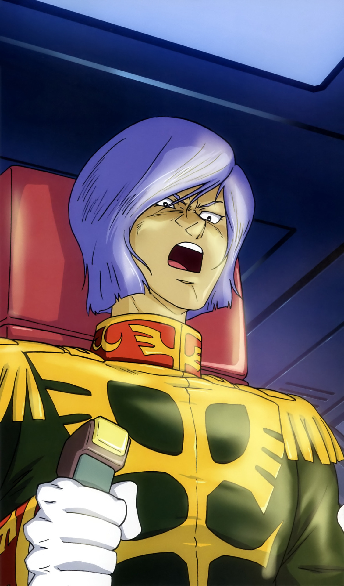 garma zabi, gaw, gundam, mobile suit gundam, artist request, highres, official art, scan, traditional media, 1boy, aircraft, angry, cockpit, control stick, epaulettes, gundam perfect file, machinery, male focus, military uniform, pilot, pilot chair, purple hair, scene reference, science fiction, shouting, zeon