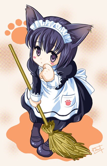 gason miho, original, 1girl, animal ears, bonnet, broom, cat ears, cat girl, female focus, maid, maid headdress, pantyhose, paw print, purple eyes, purple hair, short hair, solo