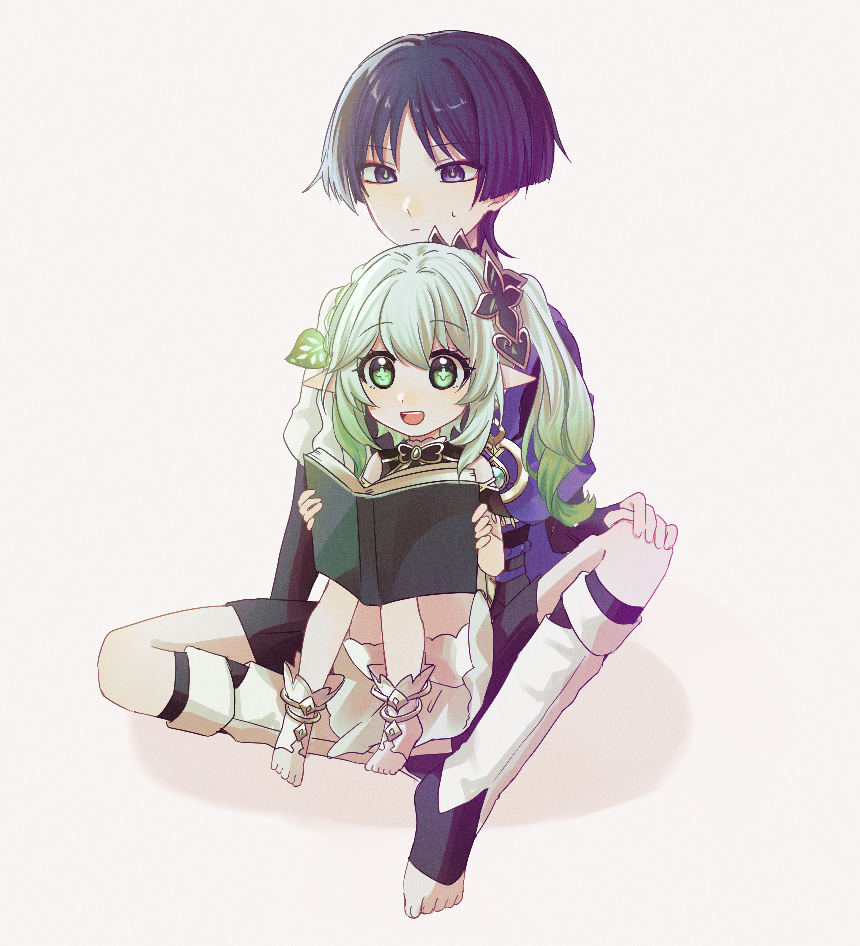 hkhkfff0, nahida (genshin impact), scaramouche (genshin impact), wanderer (genshin impact), genshin impact, toeless socks, absurdres, highres, 1boy, 1girl, anklet, aqua gemstone, black hair, black shorts, black socks, bloomers, blunt ends, book, bright pupils, cape, closed mouth, cross-shaped pupils, dress, eyelashes, eyeliner, eyeshadow, gem, gold, green eyes, green hair, hair between eyes, hair ornament, hakama, hakama shorts, half crown braid, hand on own knee, holding, holding book, indian style, japanese clothes, jewelry, kneehighs, leaf, leaf hair ornament, leg warmers, long hair, looking at object, makeup, multicolored hair, parted bangs, pleated shorts, pointy ears, purple cape, purple eyes, reading, red eyeliner, red eyeshadow, short sleeves, shorts, side ponytail, sidelocks, sitting, sitting between lap, socks, streaked hair, sweatdrop, symbol-shaped pupils, tareme, toes, underwear, vision (genshin impact), white background, white bloomers, white dress, white hair, white leg warmers, white pupils, white sleeves, white socks