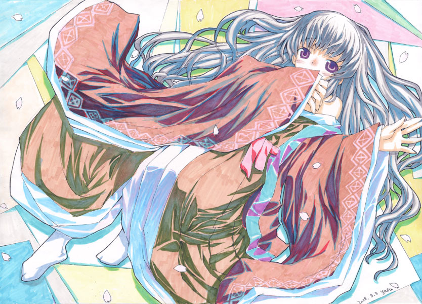 silver hair, tagme, covering own mouth, hand over own mouth, japanese clothes, long hair, petals, purple eyes, socks, solo, tabi, white socks