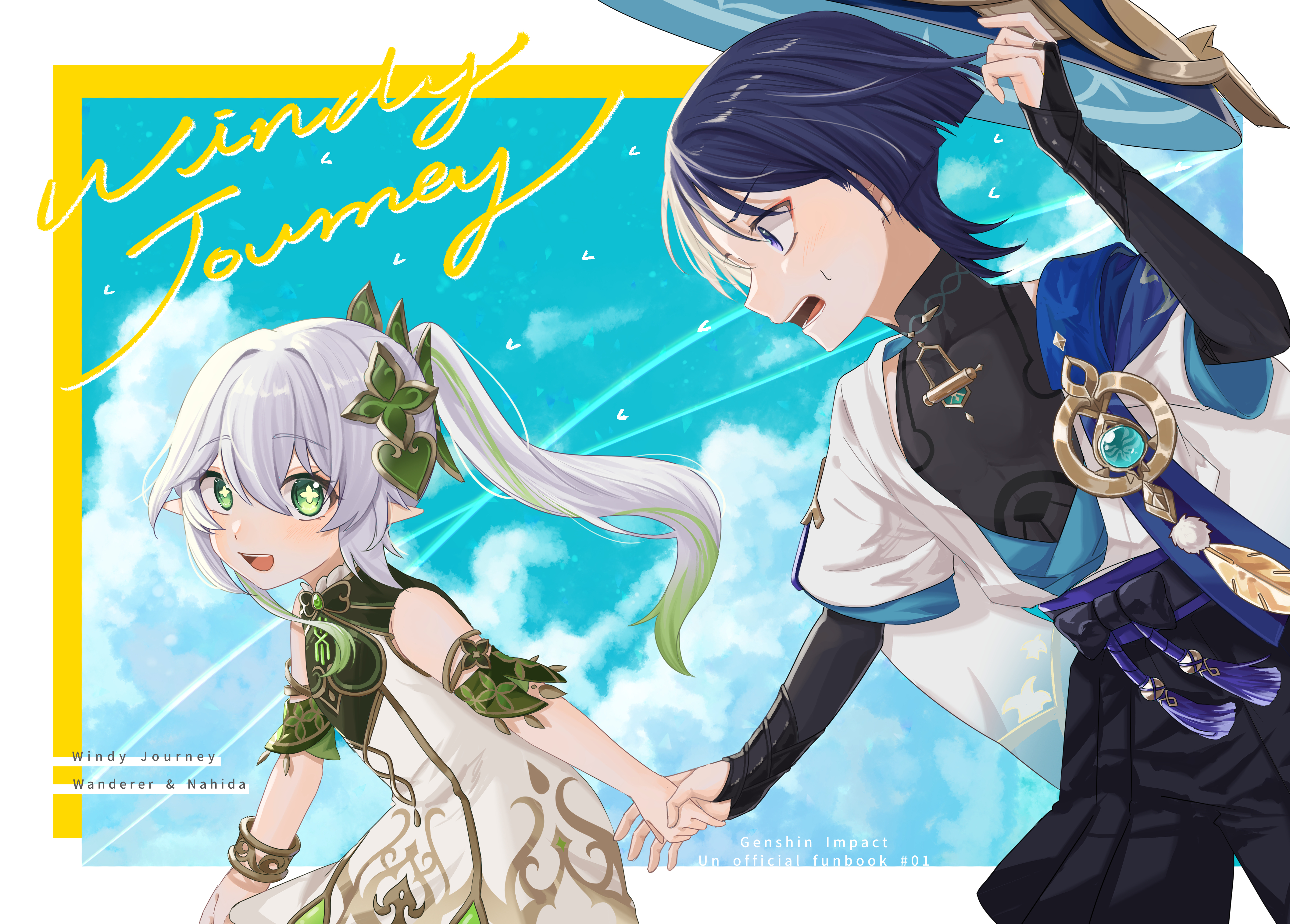 hkhkfff0, nahida (genshin impact), scaramouche (genshin impact), wanderer (genshin impact), genshin impact, absurdres, highres, 1boy, 1girl, anemo symbol (genshin impact), animal print, aqua gemstone, armlet, armor, arms at sides, belt, bird print, black belt, black bodysuit, black bow, black bridal gauntlets, black hair, black shorts, blue cape, blue hat, blue kimono, blue sky, blue sleeves, blunt ends, bodysuit, border, bow, bracelet, bridal gauntlets, bright pupils, cape, character name, cloud, cloudy sky, cover, covered collarbone, cross-shaped pupils, detached sleeves, dress, english text, eyeliner, eyeshadow, feathers, furisode, gem, gold, gold ring, gold trim, green eyes, green hair, green sleeves, hair between eyes, hakama, hakama shorts, hand up, hat, holding, holding hands, holding unworn clothes, holding unworn hat, japanese armor, japanese clothes, jewelry, jingasa, juban, kimono, kote, kurokote, layered sleeves, leaning forward, light blush, long hair, looking at another, makeup, mandarin collar, middle ring, multicolored hair, open clothes, open kimono, open mouth, pleated shorts, pointy ears, pom pom (clothes), purple eyes, purple sash, red eyeliner, red eyeshadow, sash, short sleeves, shorts, shoulder peek, side ponytail, sidelocks, sky, streaked hair, sweatdrop, symbol-shaped pupils, tareme, tassel, teeth, tongue, unworn hat, unworn headwear, upper teeth only, vision (genshin impact), white border, white dress, white hair, white kimono, white pupils, white sleeves, wide-eyed, wispy bangs, yellow border, yellow feathers, yellow pupils