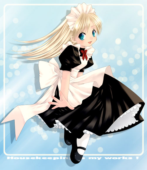 1girl, blonde hair, blue eyes, bonnet, bow, female focus, light particles, long hair, maid, maid headdress, ribbon, solo