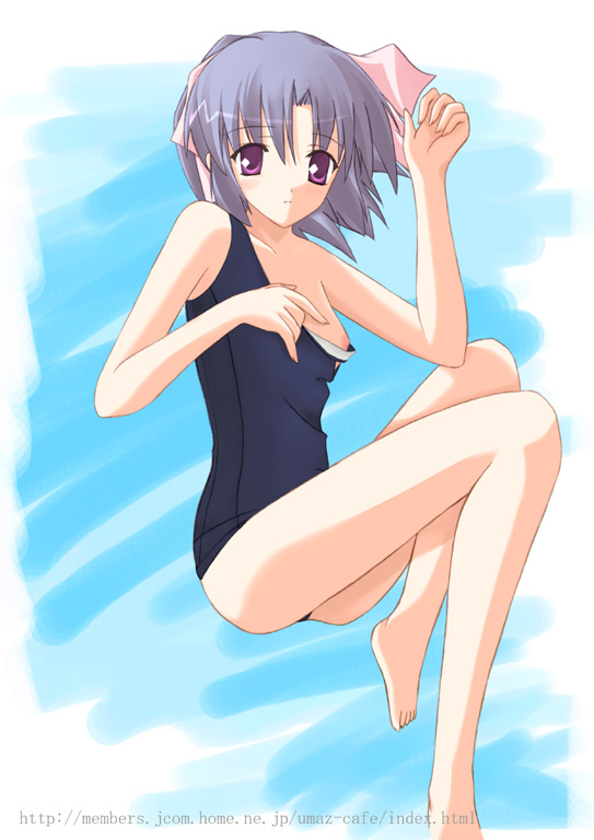 uma (grade crossing), 1girl, barefoot, breasts, female focus, nipple slip, nipples, one-piece swimsuit, purple eyes, purple hair, school swimsuit, short hair, small breasts, solo, swimsuit, wardrobe malfunction, watermark, web address