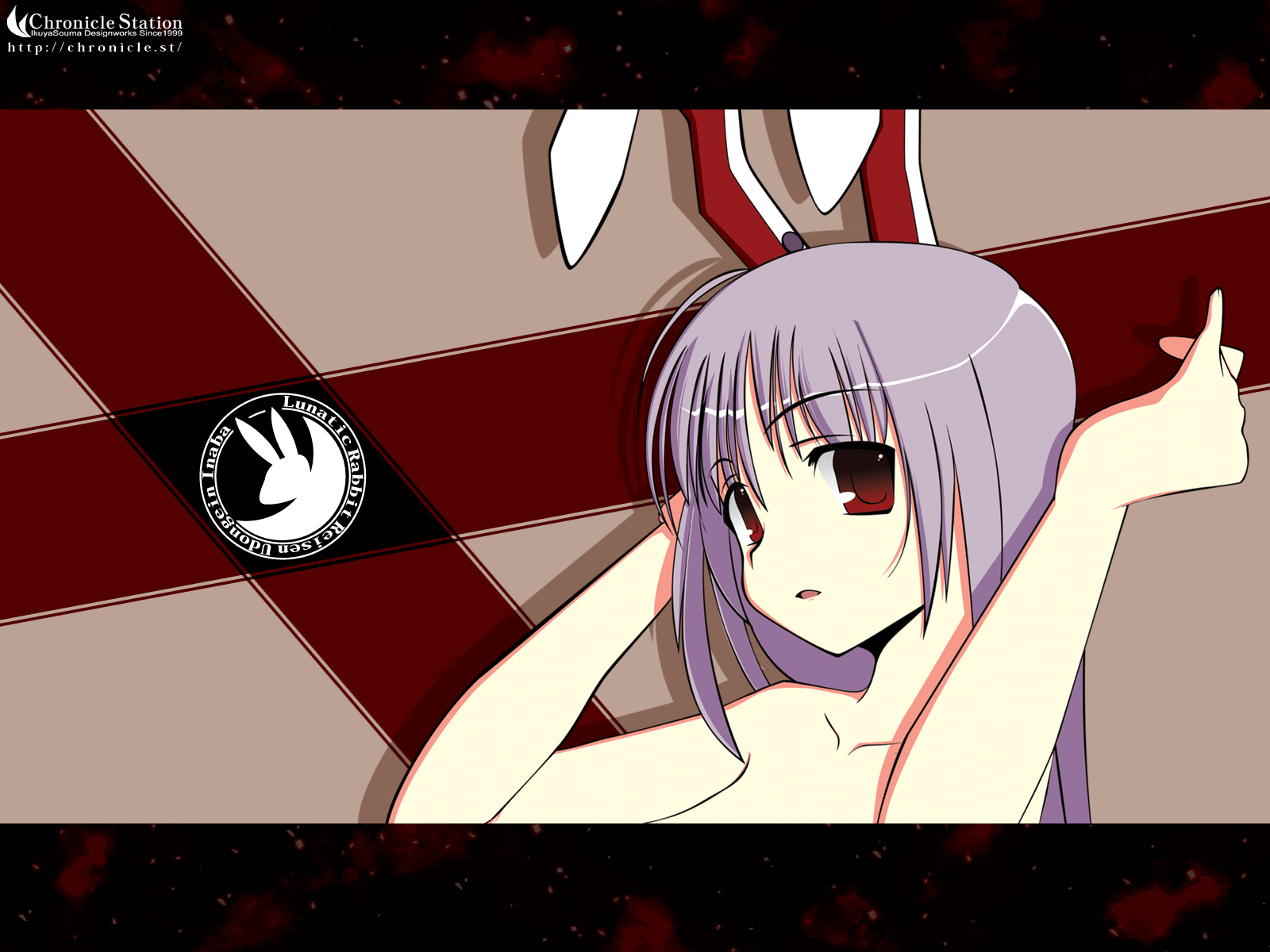 reisen udongein inaba, touhou, highres, 1girl, animal ears, arms up, collarbone, emblem, female focus, long hair, looking at viewer, nude, parted lips, purple hair, rabbit ears, red eyes, silhouette, solo, space, star (sky), upper body