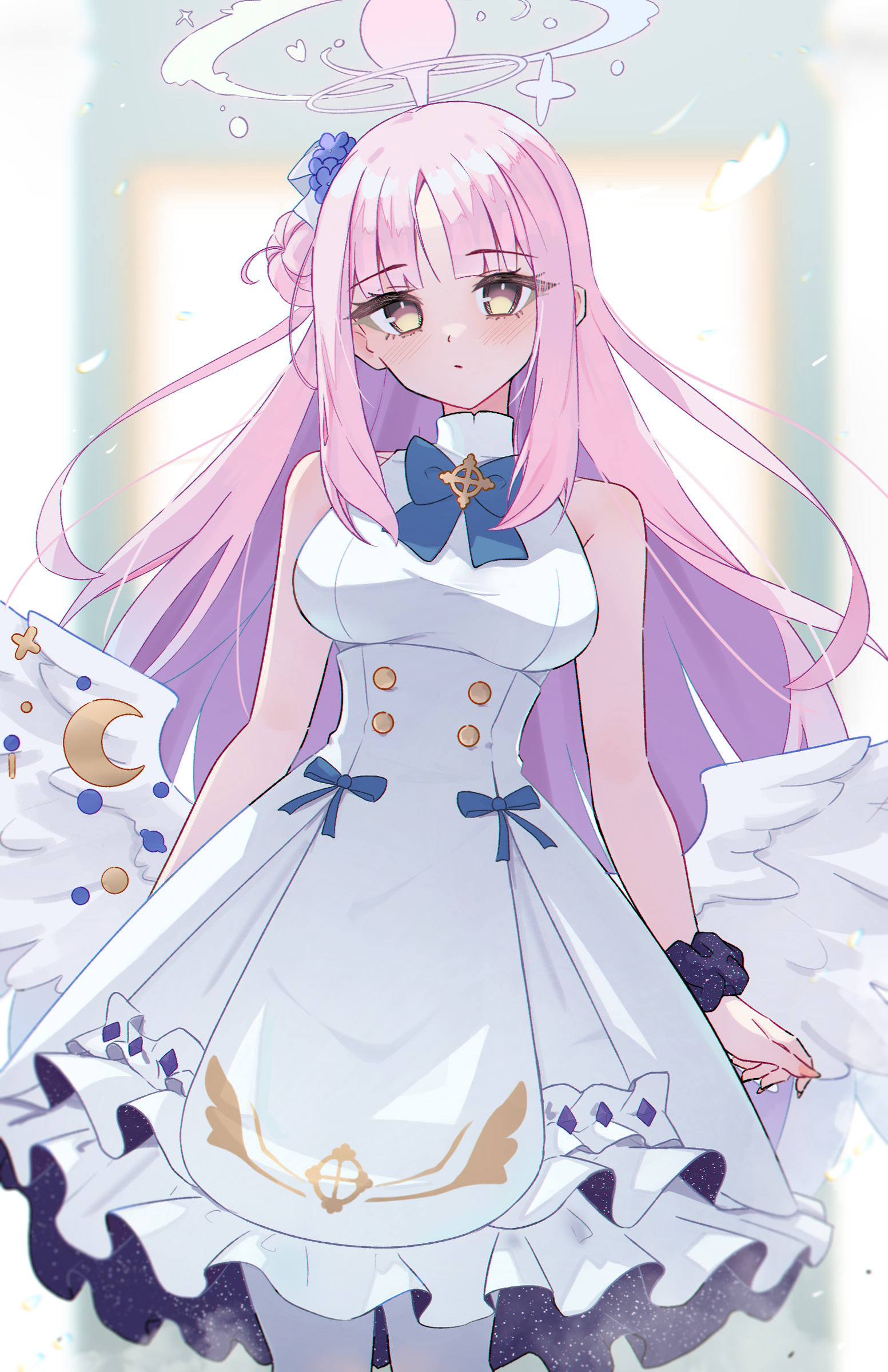 magui3, mika (blue archive), blue archive, absurdres, highres, 1girl, angel wings, blue bow, blue bowtie, bow, bowtie, breasts, buttons, capelet, closed mouth, double-breasted, dress, feathered wings, frilled dress, frills, hair bun, halo, high-waist skirt, high heels, long hair, looking at viewer, low wings, medium breasts, medium dress, open mouth, pantyhose, pink hair, pink halo, pumps, scrunchie, single hair bun, single side bun, skirt, sleeveless, sleeveless dress, smile, solo, tea party (blue archive), very long hair, white capelet, white dress, white pantyhose, white skirt, white wings, wing ornament, wings, wrist scrunchie, yellow eyes