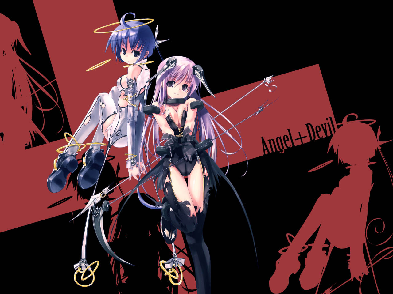 refeia, original, 2girls, ahoge, angel, armband, black thighhighs, black vs white, blue eyes, blue hair, bob cut, bodysuit, boots, bracelet, breasts, cleavage, demon, expressionless, floating, gauntlets, halo, jewelry, large breasts, leotard, long hair, looking at viewer, multiple girls, polearm, purple eyes, purple hair, science fiction, short hair, smile, spear, thigh gap, thighhighs, v arms, very long hair, weapon, wings