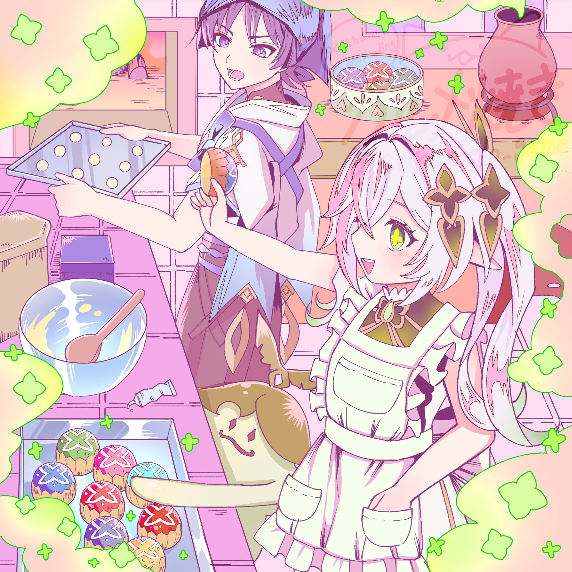 caramelo game, aranara (genshin impact), nahida (genshin impact), scaramouche (genshin impact), wanderer (genshin impact), genshin impact, highres, 1boy, 1girl, apron, baking, belt, black belt, black bodysuit, black shorts, blue bow, blue sleeves, bodysuit, bow, brick oven, colored tips, crossed bangs, cupcake, eyelashes, firewood, food, frilled apron, frills, furisode, gem, green eyes, green gemstone, green hair, hair between eyes, hair ornament, hand in pocket, headscarf, heart, heart hair ornament, holding, holding food, holding tray, japanese clothes, kimono, kitchen, layered sleeves, long hair, looking at food, lower teeth only, mandarin collar, mixing bowl, multicolored hair, outstretched arm, oven, pastel colors, pointy ears, purple eyes, purple hair, purple rope, purple sash, rope, sash, short sleeves, shorts, side ponytail, sidelocks, spoon, tareme, tasuki, teeth, tenugui, tile floor, tiles, tongue, tray, tsurime, upper teeth only, white apron, white hair, white kimono, white sleeves, wooden spoon