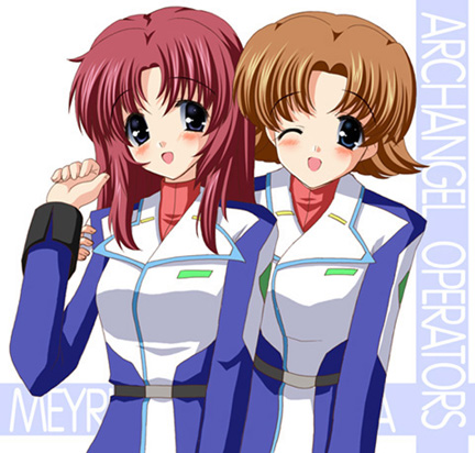 chisato (missing park), meyrin hawke, miriallia haw, gundam, gundam seed, gundam seed destiny, hand on shoulder, uniform, lowres, 00s, 2girls, :d, ;d, arm up, belt, blue eyes, blush, brown hair, character name, english text, long hair, looking at viewer, multiple girls, one eye closed, open mouth, parted bangs, red hair, short hair, sidelocks, simple background, smile, turtleneck, upper body, white background