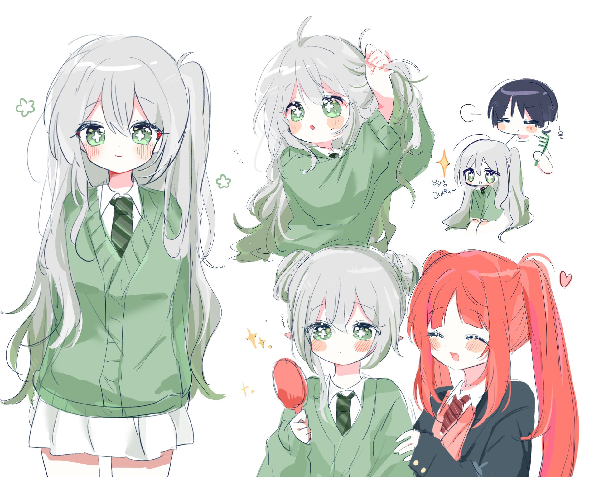 52601i, nahida (genshin impact), nilou (genshin impact), scaramouche (genshin impact), genshin impact, highres, translation request, 1boy, 2girls, alternate costume, alternate hairstyle, arms at sides, arms up, black jacket, blazer, blunt ends, blush, blush stickers, bright pupils, bun with braided base, cardigan, closed eyes, closed mouth, collared shirt, comb, contemporary, cross-shaped pupils, double bun, eyelashes, eyeliner, eyeshadow, facing another, green cardigan, green eyes, green hair, green necktie, green sleeves, grey hair, hair bun, hand mirror, hand on another's arm, holding, holding comb, holding mirror, jacket, korean text, long hair, long sleeves, looking at viewer, makeup, mirror, multiple girls, necktie, one side up, open clothes, open jacket, open mouth, pleated skirt, red eyeliner, red eyeshadow, red hair, red necktie, red vest, school uniform, shirt, short hair, short hair with long locks, sidelocks, skirt, smile, sweatdrop, symbol-shaped pupils, twintails, tying hair, vest, white background, white pupils, white shirt, white skirt, white undershirt, wispy bangs