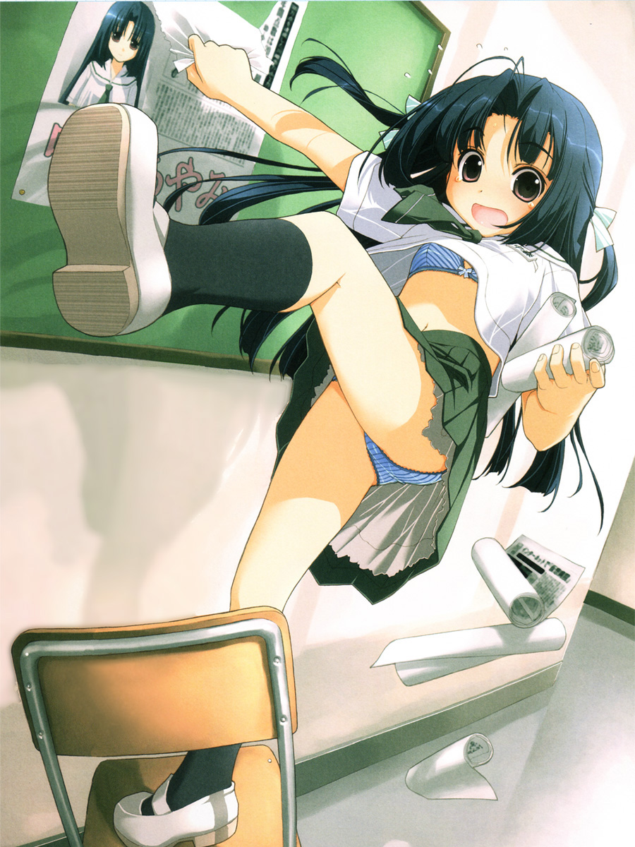 akata itsuki, original, highres, 1girl, blue panties, bra, chair, falling, female focus, lace, lace-trimmed panties, lace trim, lingerie, panties, pantyshot, pleated skirt, school uniform, serafuku, skirt, solo, striped clothes, striped panties, underwear, upskirt