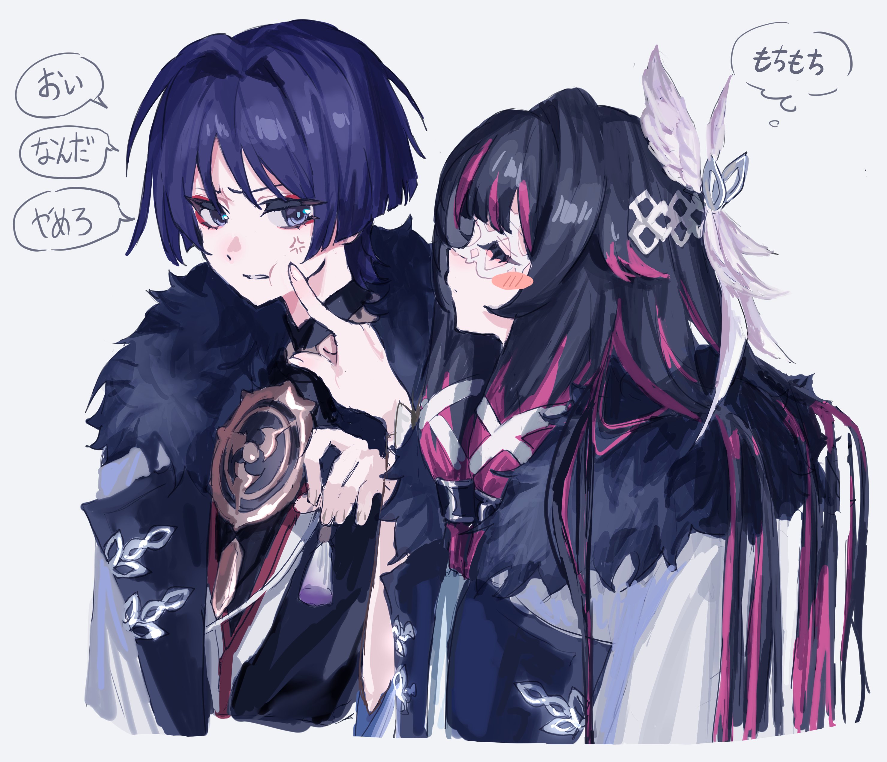 x x (batttsu 404), columbina (genshin impact), scaramouche (genshin impact), genshin impact, absurdres, highres, translation request, 1boy, 1girl, angel wings, anger vein, annoyed, black bodysuit, black kimono, blunt ends, blunt tresses, blush stickers, bodysuit, cheek poking, closed mouth, coat, cropped torso, deep skin, eyelashes, eyeliner, eyeshadow, facing another, fatui coat, feathered wings, fingernails, fur-trimmed coat, fur cuffs, fur trim, grey eyes, grey pupils, hair intakes, hair ornament, hair ribbon, hair tubes, index finger raised, japanese clothes, juban, kimono, lapels, long hair, looking at another, makeup, mandarin collar, mitsudomoe (shape), multicolored hair, multiple wings, open clothes, open coat, parted lips, pink hair, poking, purple hair, red eyeliner, red eyeshadow, red kimono, ribbon, speech bubble, streaked hair, tassel, tomoe (symbol), tress ribbon, tsurime, white background, white coat, white kimono, white mouth, white ribbon, white wings, wing hair ornament, wings, wispy bangs