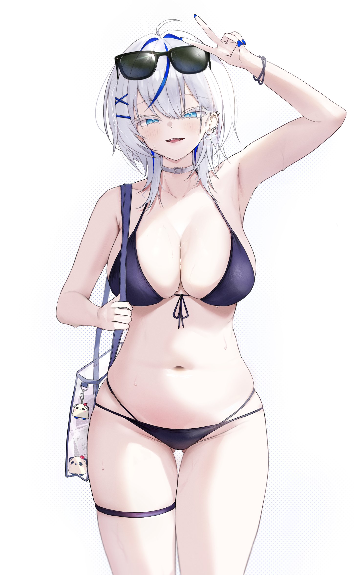 aokumo rin, stellive, commentary request, highres, korean commentary, 1girl, aqua eyes, arm up, armpits, bikini, black bikini, blue nails, blue streaks, breasts, choker, collarbone, colored eyelashes, cowboy shot, dithering, ear piercing, earclip, earrings, eyewear on head, front-tie bikini top, front-tie top, gamble 0, gluteal fold, jewelry, large breasts, light blush, looking at viewer, multi-strapped bikini bottom, multicolored hair, nail polish, navel, parted lips, piercing, smile, solo, standing, stomach, straight-on, streaked hair, sunglasses, sweat, swimsuit, thigh strap, v, virtual youtuber, white choker, white hair, wristband