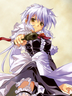 komatsu eiji, liera scharnhorst, maburaho, lowres, 00s, 1girl, aiming, aiming at viewer, brown eyes, combat maid, female focus, garter belt, gun, handgun, holding, holding gun, holding weapon, lingerie, long hair, maid, maid headdress, pistol, purple hair, qvga, solo, underwear, weapon
