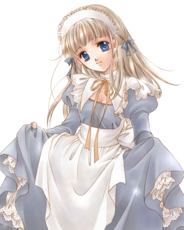 blonde hair, blue eyes, bonnet, bow, long hair, maid, maid headdress, ribbon, solo