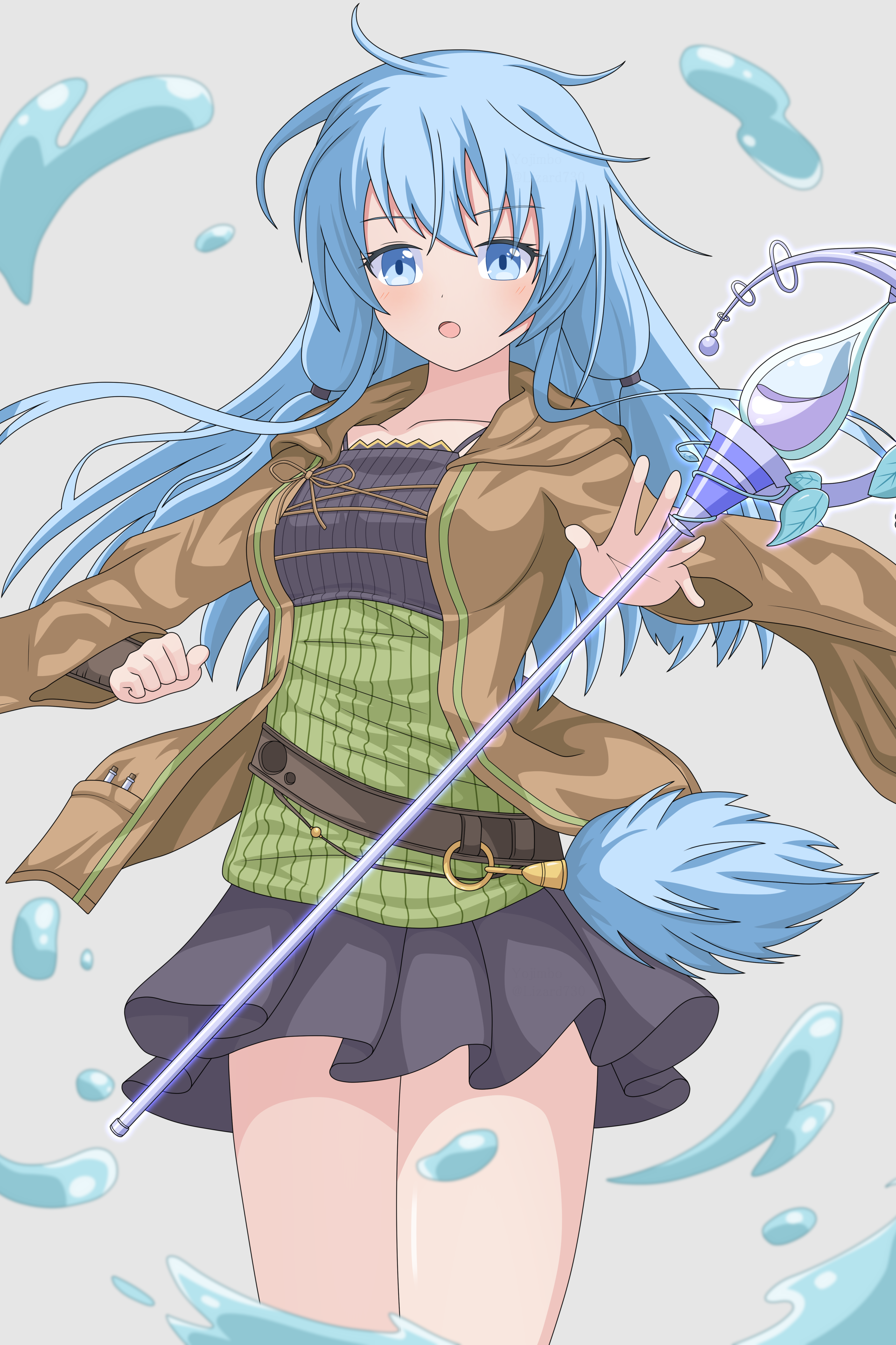 youjinbou (lizardman730), eria (yu-gi-oh!), eria the water charmer, yu-gi-oh!, absurdres, highres, 1girl, ahoge, aqua eyes, aqua hair, black skirt, blush, breasts, brown robe, collarbone, duel monster, grey background, long hair, long sleeves, medium breasts, open mouth, pleated skirt, robe, scepter, simple background, skirt, solo, wide sleeves
