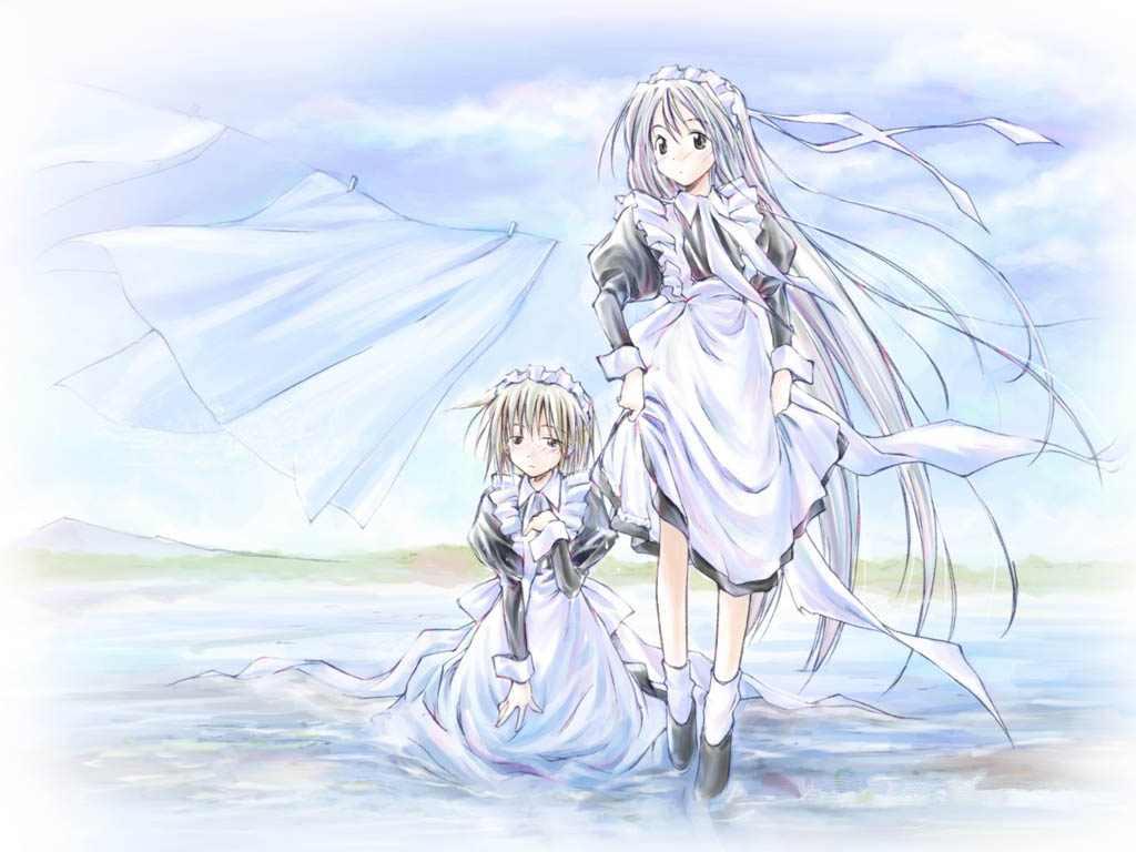 otohiko takano, takano otohiko, 2girls, bed sheet, blonde hair, bonnet, long hair, maid, multiple girls, short hair, sleeve cuffs, white hair, wind