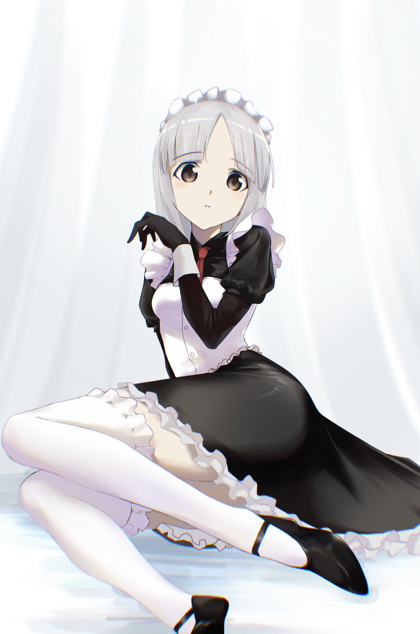 edytha rossmann, brave witches, world witches series, highres, 1girl, alternate costume, apron, black gloves, black shoes, braid, breasts, brown eyes, curtains, gloves, hmd 1800, looking at viewer, maid, maid apron, maid headdress, medium hair, necktie, red necktie, shoes, single braid, sitting, small breasts, solo, thighhighs, white hair, white thighhighs