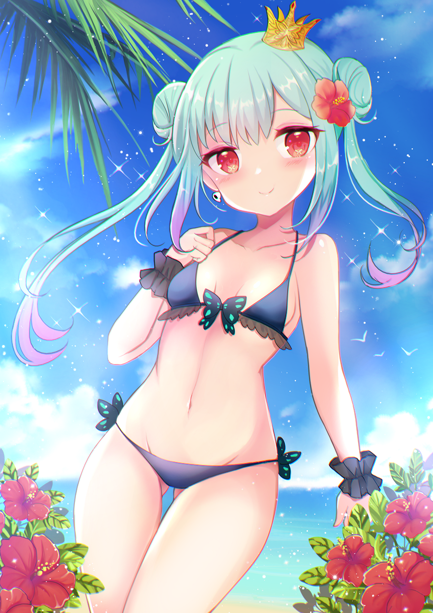 terimuku, uruha rushia, hololive, commentary request, highres, 1girl, bikini, blue bikini, blue sky, breasts, closed mouth, cloud, crown, day, double bun, flower, gluteal fold, gradient hair, green hair, groin, hair bun, hair flower, hair ornament, hand up, hibiscus, horizon, looking at viewer, mini crown, multicolored hair, navel, ocean, outdoors, pink hair, red eyes, red flower, sky, small breasts, smile, solo, swimsuit, thigh gap, tilted headwear, virtual youtuber, water, wrist cuffs