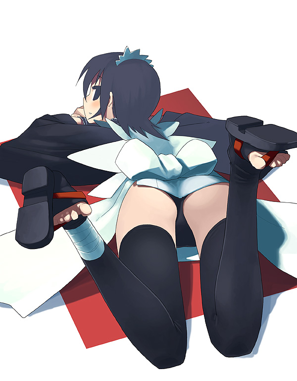 kusaka kokage, iroha (samurai spirits), samurai spirits, 1girl, ass, black thighhighs, feet, female focus, lying, sandals, solo, thighhighs, toeless legwear, toes, zouri