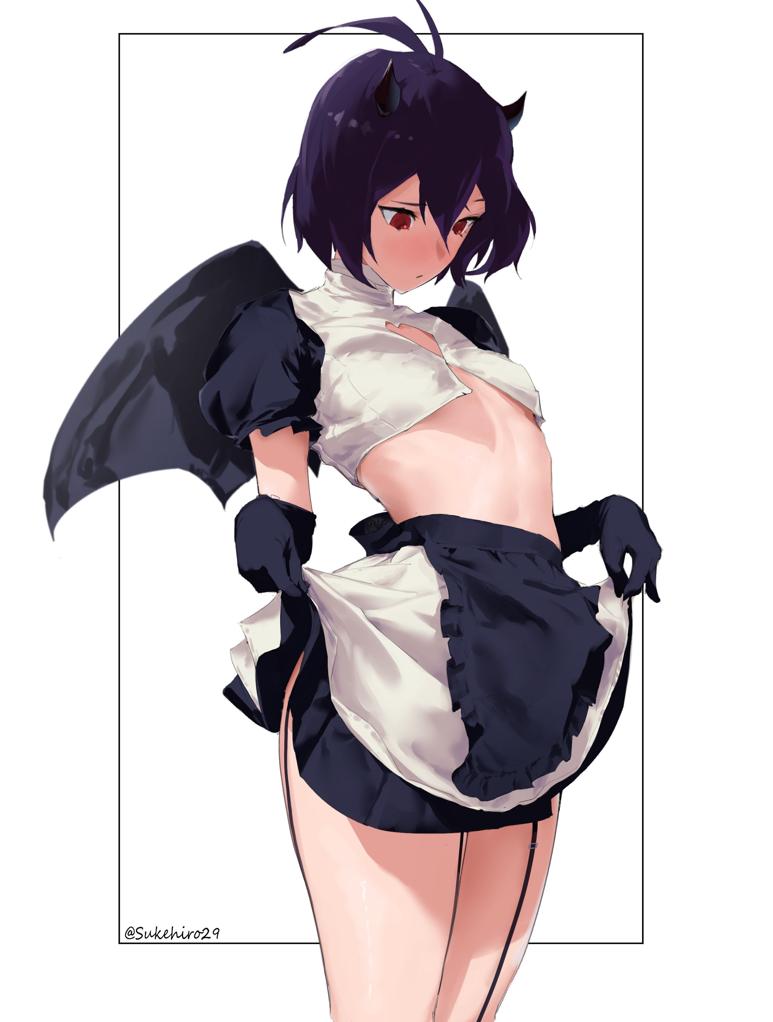 sukehiro29, secre swallowtail, black clover, absurdres, commentary, english commentary, highres, 1girl, apron, black apron, black gloves, black hair, black horns, black skirt, black wings, breasts, crop top, elbow gloves, gloves, horns, medium hair, red eyes, skirt, small breasts, solo, twitter username, waist apron, white background, wings