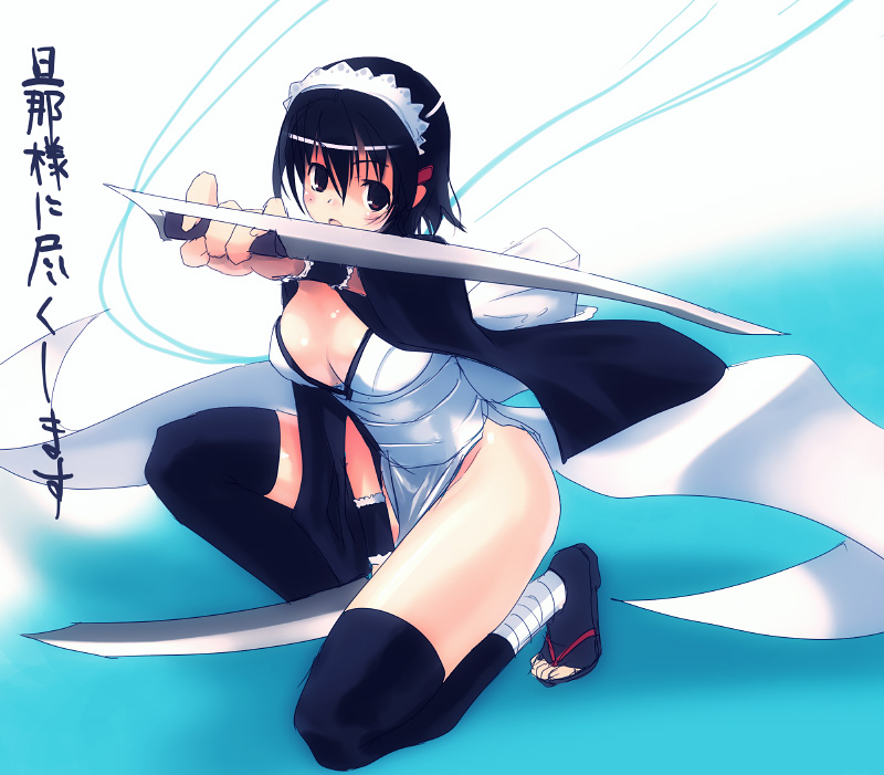 refeia, iroha (samurai spirits), samurai spirits, 1girl, black thighhighs, bonnet, bow, breasts, cleavage, female focus, hair ornament, hairclip, maid, maid headdress, solo, sword, thighhighs, weapon, wristband