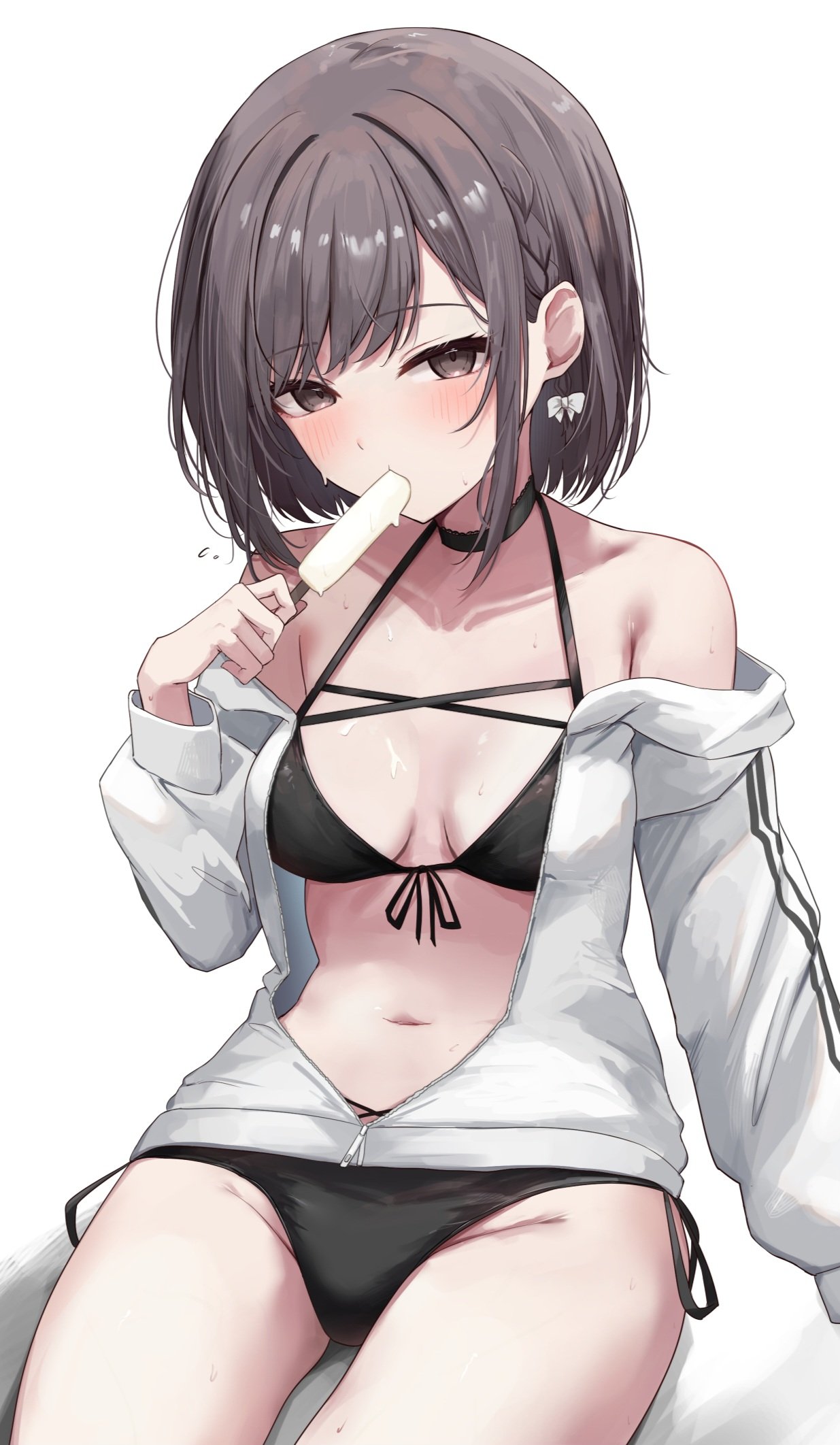 kunizaki, shinonome ena, project sekai, commentary, highres, 1girl, bare shoulders, bikini, black bikini, black choker, blush, braid, breasts, breasts apart, brown eyes, brown hair, choker, collarbone, cowboy shot, dripping, food, food in mouth, front-tie bikini top, front-tie top, groin, halterneck, hand up, holding, holding food, holding popsicle, jacket, long sleeves, looking at viewer, medium breasts, melting popsicle, navel, off shoulder, open clothes, open jacket, partially unzipped, popsicle, popsicle in mouth, shadow, short hair, side-tie bikini bottom, side braid, sidelocks, simple background, sitting, solo, stomach, string bikini, swept bangs, swimsuit, thighs, tsurime, white background, white jacket