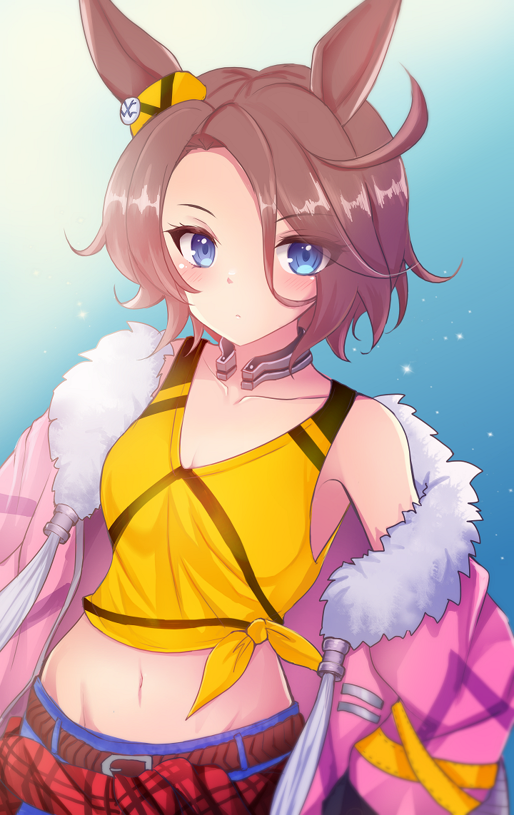 terimuku, narita taishin (umamusume), umamusume, commentary request, 1girl, animal ears, blue background, blue eyes, blue pants, blush, breasts, brown hair, cleavage, closed mouth, clothes around waist, collarbone, fur-trimmed jacket, fur trim, groin, hair between eyes, horse ears, jacket, jacket around waist, navel, off shoulder, open clothes, open jacket, pants, parted bangs, pink jacket, red jacket, small breasts, solo, tank top, yellow tank top