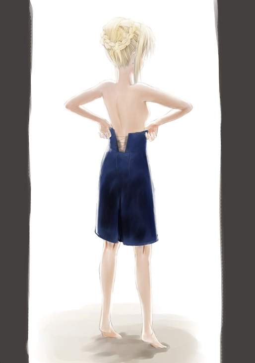 artoria pendragon (fate), saber (fate), fate/stay night, fate (series), 00s, 1girl, alternate costume, back, barefoot, blonde hair, braid, braided bun, female focus, from behind, hair bun, high-waist skirt, kneepits, skirt, solo, topless female, undressing