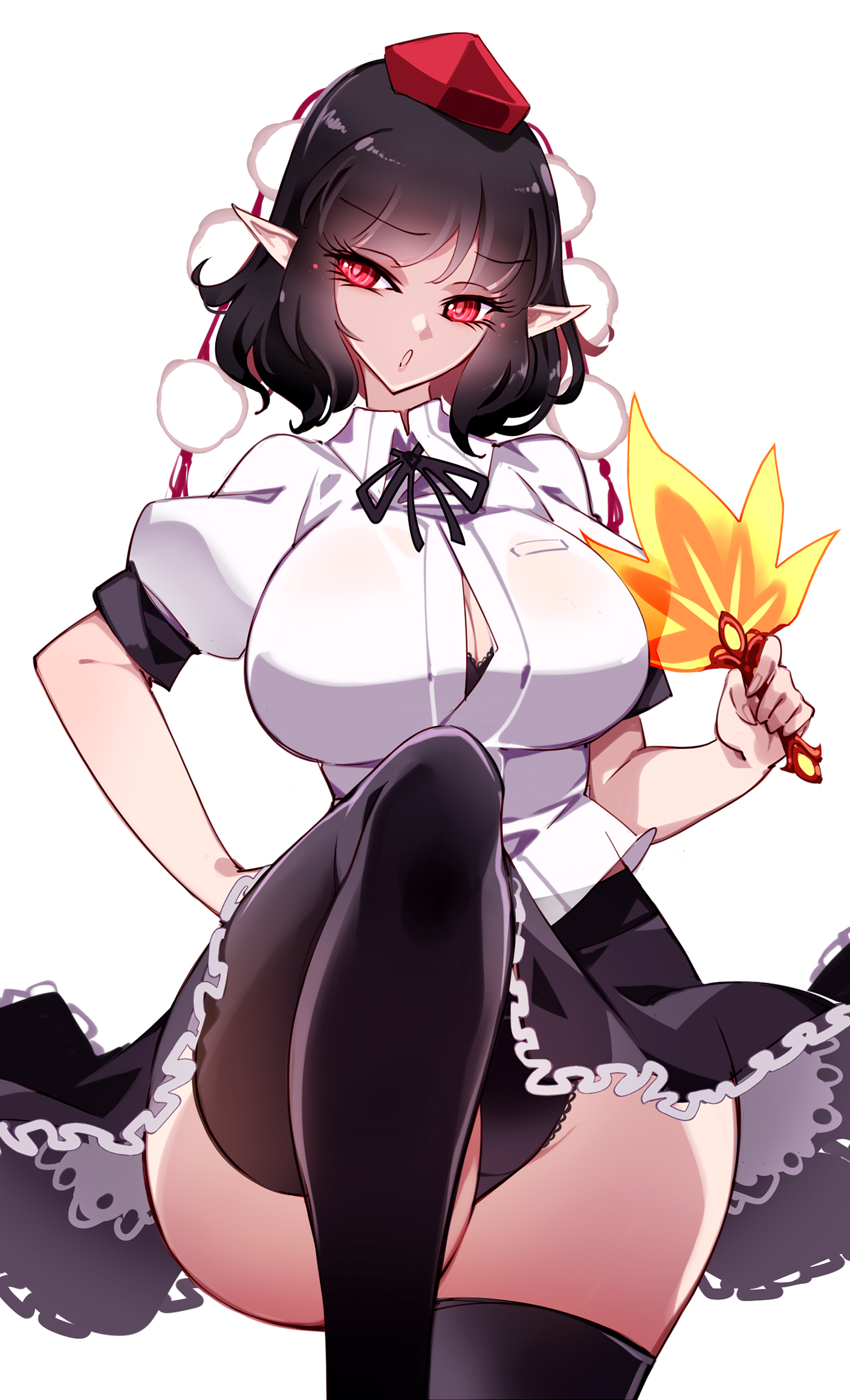raptor7, shameimaru aya, touhou, commentary, highres, 1girl, black bra, black hair, black panties, black ribbon, black skirt, black thighhighs, bra, bra peek, breasts, cleavage, cowboy shot, hand fan, hand on own hip, hat, hauchiwa, holding, holding fan, knee up, lace, lace-trimmed bra, lace-trimmed panties, lace trim, large breasts, looking at viewer, medium hair, miniskirt, neck ribbon, open mouth, panties, pointy ears, pom pom (clothes), puffy short sleeves, puffy sleeves, red eyes, red hat, ribbon, shirt, short sleeves, sidelocks, simple background, skirt, solo, standing, thighhighs, thighs, tokin hat, underwear, white background, white shirt