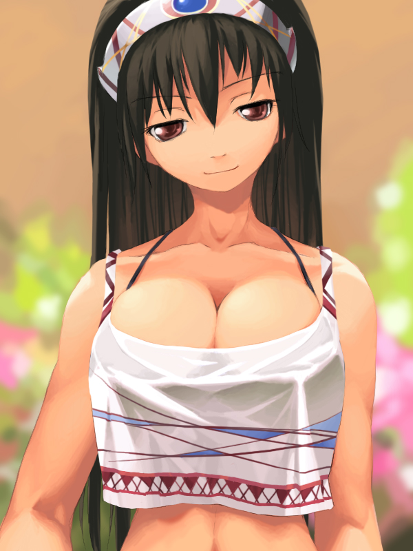 sun-3, eyebrows, 1girl, bare shoulders, black hair, breasts, brown eyes, camisole, cleavage, female focus, hair between eyes, hairband, headdress, large breasts, long hair, native american, native american headdress, red eyes, solo