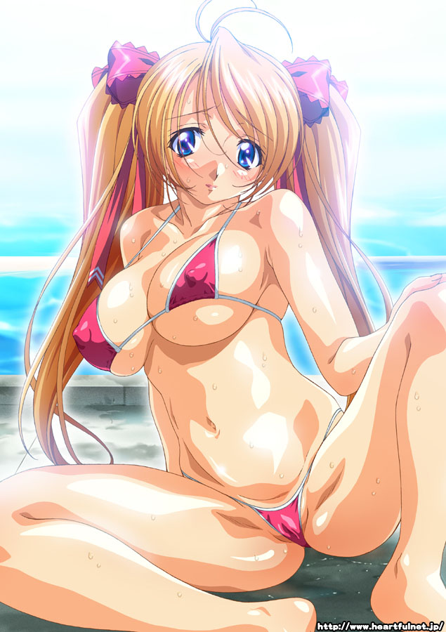 taki minashika, 1girl, antenna hair, barefoot, bikini, blonde hair, blue eyes, blush, breasts, cameltoe, covered erect nipples, female focus, hair ribbon, huge breasts, large breasts, long hair, micro bikini, nipples, pool, poolside, puffy nipples, ribbon, sitting, solo, spread legs, strap gap, string bikini, sweat, swimsuit, twintails, underboob, water, watermark, wet