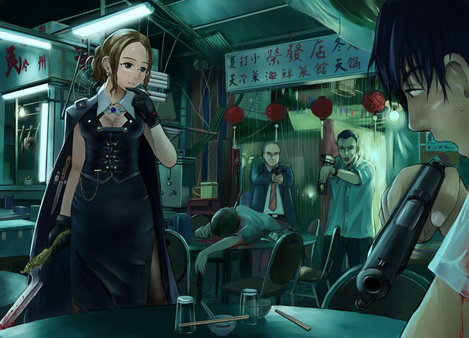 mimura kaoru, original, game cg, 1girl, 4boys, blood, breasts, cleavage, glasses, gun, handgun, laser sight, multiple boys, pistol, police, restaurant, semi-automatic pistol, stab, sword, weapon