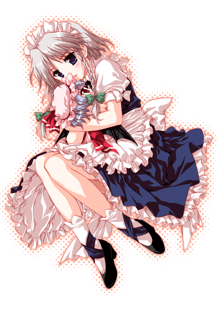 sato-pon, izayoi sakuya, remilia scarlet, touhou, cross-laced footwear, silver hair, white legwear, 2girls, apron, blue eyes, bow, braid, chibi, female focus, full body, hair ribbon, halftone, halftone background, holding, hug, maid, maid headdress, multiple girls, ribbon, short hair, socks, transparent background, twin braids, waist apron, white background