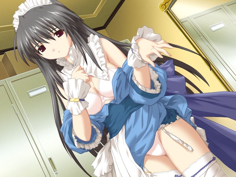 nekonyan, akishima kanako, chocolat maid cafe curio, game cg, 1girl, black eyes, black hair, bonnet, bra, clothes lift, dress, dress lift, female focus, garter belt, lingerie, long hair, maid, maid headdress, panties, solo, thighhighs, underwear, white panties, white thighhighs, wristband