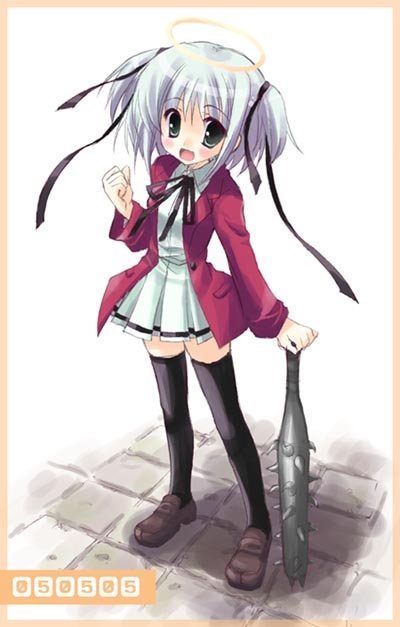 ryouka (suzuya), mitsukai dokuro, bokusatsu tenshi dokuro-chan, 00s, 1girl, black thighhighs, brown shoes, club, club (weapon), excalibolg, female focus, halo, holding, holding club, holding weapon, shoes, solo, spiked club, standing, thighhighs, traditional halo, weapon