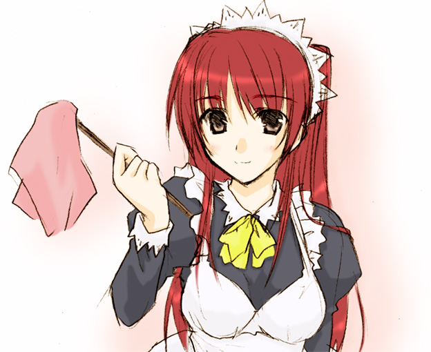 kousaka tamaki, to heart (series), to heart 2, 00s, alternate costume, bonnet, duster, long hair, maid, maid headdress, red hair, solo