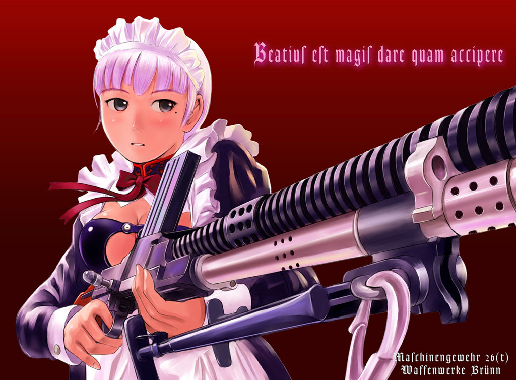 mimura kaoru, 1girl, bonnet, bow, breasts, cleavage, combat maid, female focus, gun, large breasts, long sleeves, machine gun, maid, maid headdress, mole, mole under eye, pink hair, ribbon, solo, type 96, weapon