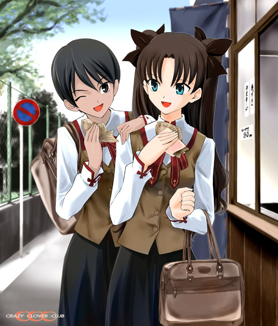 shirotsumekusa, makidera kaede, tohsaka rin, fate/stay night, fate (series), hand on shoulder, 00s, 2girls, black eyes, black hair, blouse, blue eyes, brown hair, cross, cross print, food, homurabara academy school uniform, multiple girls, open mouth, road, school uniform, serafuku, shirt, sign, smile, street, suitcase, taiyaki, vanishing point, wagashi, white shirt