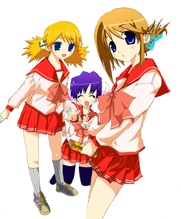 himeyuri sango, komaki manaka, sasamori karin, to heart (series), to heart 2, bad perspective, 00s, 3girls, blonde hair, blue hair, book, brown hair, double bun, folded ponytail, hair bun, hair ornament, hairclip, holding, holding book, kneeling, looking at viewer, multiple girls, poorly drawn, school uniform, serafuku, shoes, simple background, sneakers, standing, thighhighs, twintails, v, white background