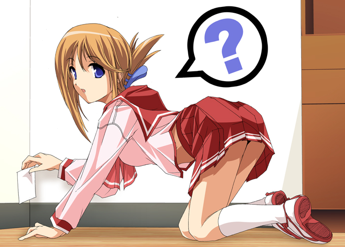 komaki manaka, to heart (series), to heart 2, 00s, 1girl, ?, all fours, bent over, blue eyes, brown hair, female focus, folded ponytail, hair ornament, hairclip, open mouth, pleated skirt, school uniform, serafuku, skirt, solo, spoken question mark
